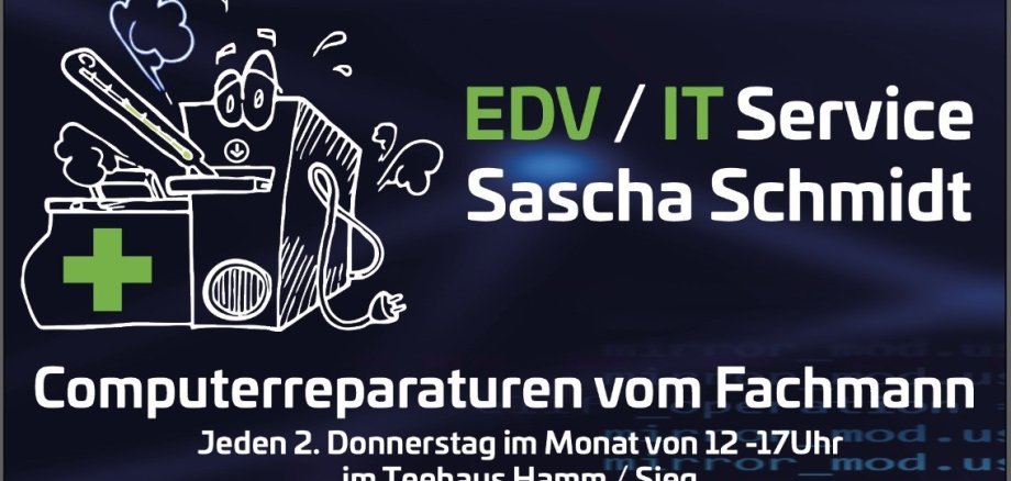 Flyer des Reparaturcafés mit den angebotenen Leistungen wie Installationen, Datensicherung und Betriebssystem Aktualisierung. Reparatur gegen Spende, Ersatzteile gegen Einkaufspreis. Immer am 2. Donnerstag im Monat von 12 bis 17 Uhr.