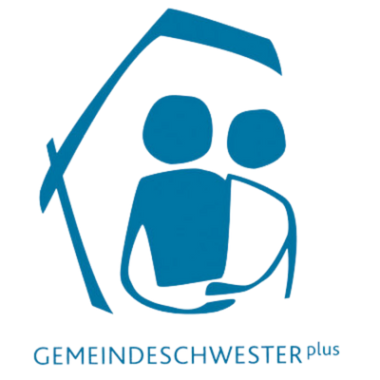 Logo der Gemeindeschwester plus, ein Landesprogramm zur Stärkung der gesundheitlichen Versorgung in ländlichen Regionen, zwei blaue Figuren.